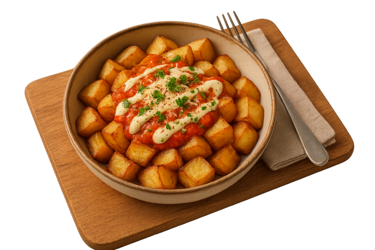 Patatas bravas con salsa picante y alioli en una pizzería italiana en Fuengirola