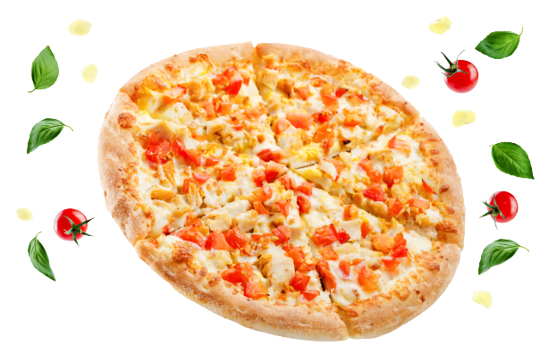 Pizza con pimientos rojos y maíz en una pizzería italiana en Fuengirola